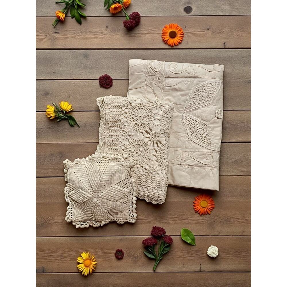 Vintage Crochet Pillow Shams-3 Piece Set-Cotton-Lace-Boho-Farmhouse-Cottagecore